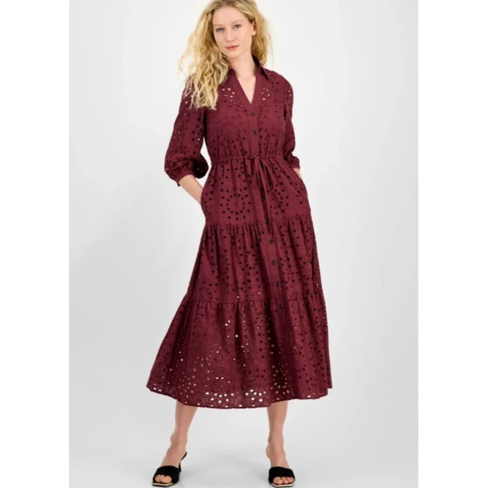 Julia Jordan Midi Dress Women's Eyelet Tie-Waist Burgundy Size 12